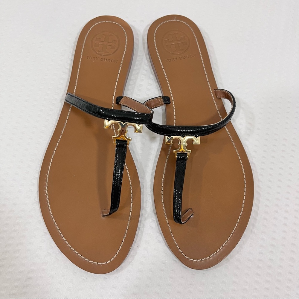 TORY BURCH Slides Sandals Black Leather Straps Size 9.5